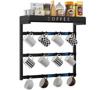 ZDDLOINP Support mural pour tasse à café en alliage d'aluminium avec 12 crochets mobiles, support de tasse à café avec étagère supérieure pour grains de café, pot à sucre, porte-tasses pour la maison,