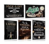 ZDFDC LOT DE 5PCS - Plaque Metal Vintage Bar Pub 30x20cm - Bistrot Panneau avec Citation Humour Française - Cave Club Restaurant Cuisine Decoration Murale Accessoire (Set A)