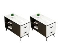 ZDFTGKM Lot de 2 tables bout de canapé rectangulaires en pierre avec base en fer noir, tiroirs et rangement inclus, table de chevet d'angle nordique en ardoise, café noir et blanc, 90,2 x 40,6 x 61 cm