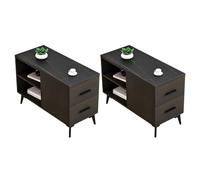 ZDFTGKM Lot de 2 tables bout de canapé rectangulaires en pierre avec base en fer noir, tiroirs et rangement inclus, table de chevet nordique longue en ardoise, 90,2 x 40,6 x 61 cm (L x l x H)