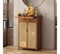 ZDFTGKM Table d'autel en bambou avec rangement, niche de Bouddha chinois, porte en rotin plastique (marron, 42 x 38 x 101 cm)
