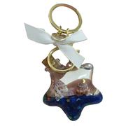 ZDHC Joli porte-clés pentagramme étoile de mer coquillage liquide sable mouvant avec nœud d'amour cœur porte-clés pour femme et fille (bleu)