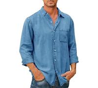 ZDJSWJ Chemise en jean à manches longues et col roulé pour homme Chemise de travail légère en denim Veste en denim décontracté boutonné Slim (Bleu,XL)