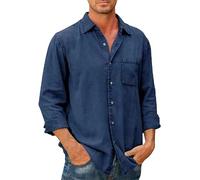 ZDJSWJ Chemise en jean à manches longues et col roulé pour homme Chemise de travail légère en denim Veste en denim décontracté boutonné Slim (Bleu Marine,5XL)