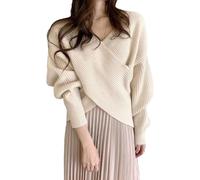 ZDJSWJ Femmes Hors l'épaule Pull Hiver Automne Mode V col Manches Longues Tops à côtes Tricot Envelopper Pulls coupés