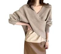 ZDJSWJ Femmes V Cou Hors épaule Pull à Manches Longues Pullover Tricot Jumper Ribbed Tricot Envelopper coupés