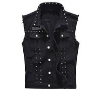 ZDJSWJ Hommes punk rock denim Vest veste revers manteau rivet veste bouton trucker Jean gilet sans manches (Noir,M)