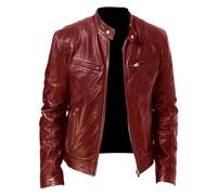 ZDJSWJ Hommes Slim Fit Motorcyle Leather Jacket Zip-Up Windbreaker Leather Jackets Lightweight PU Biker Vintage Coat (Rouge,S)