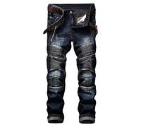 ZDJSWJ Hommes vélo Zip Breaking Hole Jeans Moto Lavage à l'eau Breaking Hole Stretch Jeans Pantalons Breaking Hole plissé Zip Jeans (Bleu Profond 2,32)