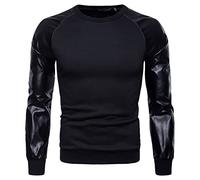 ZDJSWJ Pull en Cuir pour Homme Pull col Rond Manches Longues pour Homme Sweatshirt col Rond Couleur épeautre (Noir,M)
