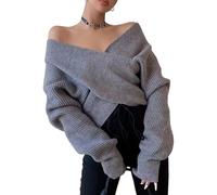 ZDJSWJ Pull Femme Hors l'épaule Hauts à Manches Longues à col en V de la Mode d'automne d'hiver Sweaters en Tricot à côtes