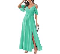 ZDJSWJ Robes en Mousse épaule Froide pour Femmes Robe de fête Formelle en Ligne A avec Poches Demeures d'honneur avec Robe Formelle Fendue(Vert,M)