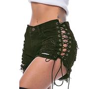 ZDJSWJ Shorts en Jean à Lacets latéraux pour Femmes Short en Jean Chaud Sexy Taille Basse Jean Open Hole Open ombilic Court (Vert Foncé,M)