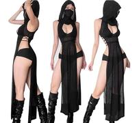 ZDQC Robe Gothique Sexy Transparente pour Femme, Costume d'halloween pour Femme, Tenue de Festival Rave, Robe Gothique Transparente pour Femme, Tenues de Festival EDM, Ensembles & Kits, Noir (L)