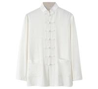 ZDSUHYIW Chemise en lin pour homme - Chemises chinoises traditionnelles pour arts martiaux - Kung Fu, Tai Chi Wushu - Style classique Tangzhuang - Vintage - Manches longues - Veste rétro, Blanc., L