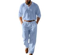 ZDSUHYIW Combinaison d'été en lin pour homme - Respirant - Décontractée - Léger - Avec col rabattu - Tenue unie - Pour les vacances, la plage, le quotidien - Vêtement de détente pour homme, bleu clair