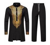 ZDSUHYIW Ensemble 2 pièces Dashiki Africain Chemise et pantalon Impression Or Ensemble de vêtements africains traditionnels pour homme à manches longues Dashiki Chemises longues Pantalons, Noir , XL