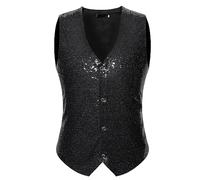 ZDSUHYIW Gilet à paillettes pour homme - Gilet de costume Sparkles Vintage - Col en V - Sans manches - Brillant - Métallique - Tenue disco - Tenue de Nouvel An, Noir , XXL