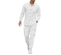 ZDSUHYIW Survêtement en lin pour homme - Décontracté - Couleur unie - En coton et lin - 2 pièces - Chemise d'été et pantalon long - Ensemble d'entraînement 2 pièces, Blanc., 3XL