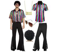 ZDSUHYIW Tenue des années 80 pour homme - Chemises à manches courtes - Pantalon évasé - Perruques - Collier - Moustache - Lunettes de soleil - 6 pièces - Cosplay - Halloween - Fête - Carnaval