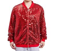 ZDSUHYIW Veste à paillettes pour homme - Veste bomber brillante des années 70 - Tenue hippie - Tenue disco - Veste de motard - Veste demi-saison - Col de baseball - Manteau de sport, rouge, XL
