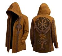 ZDSUHYIW Veste médiévale à capuche pour homme, pull à capuche viking à manches moyennes, printemps, automne, cool, cosplay, costume, mythologie nordique, écharpe pour les fils d'Odin, cadeau, marron