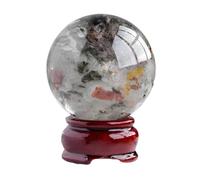 ZDVHOMCB Green Ghost Crystal Ball with Wood Stand,Polished Rock Quartz Sphere Sculpture Figurine,for Witchcraft, Fengshui, Aura Home Desk Decor,60~70mm