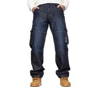 Ze ENZO Pantalon de combat pour homme, cargo décontracté, pantalon de travail en denim, grande taille, toutes les tailles, Dark Stonewash, 44W / 32L