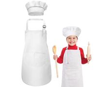 ZEACCT 2 Pièces Chapeau de Chef de Tablier pour Enfants, Tablier Enfant Réglable, Vêtements Artisanaux Avec Poches pour la Cuisine, la Pâtisserie et la Peinture, 7 À 13 Ans - Blanc