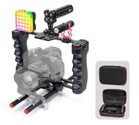 Zeadio Kit de rig vidéo tout-en-un, cage de caméra portable en aluminium avec lumière vidéo RVB, microphone, poignée supérieure, guide de tige de 15 mm, tiges d'extension et étui de transport pour la