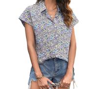 Zeagoo Chemisier Femme Chic et Élégant à Manches Courtes Décontracté Col en V Chemise en Été pour Femme 100% Cotton Chemise Boutonnée Chemisier Business Top Violet Floral M