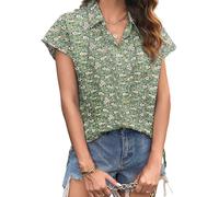 Zeagoo Chemisier Femme Chic et Élégant à Manches Courtes Décontracté Col en V Chemise en Été pour Femme 100% Cotton Chemise Boutonnée Chemisier Business Top Vert Floral S