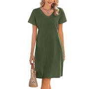Zeagoo Robe D'été Femme Robe Femmes en Lin de Plage Robes Longueur Genou à Manches Courtes en Lin Robes Col en V Bohemian avec Poches A Ligne de Plage Eté Vert Armée M