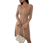 Zeagoo Robe en tricot pour femme, manches longues, robe d'automne, col en V, robe pull élégante, robe d'hiver uni, robe A ligne, robe midi avec manches gigot, marron clair, M