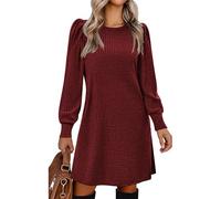 Zeagoo Robe Hiver Femme Robe en Maille Côtelée Col Rond Manches Bouffantes Non Transparente Coupe Ligne A Courte Confortable pour Quotidien Et Bureau Rouge S