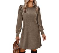 Zeagoo Robe Hiver Femme Robe en Maille Côtelée Col Rond Manches Bouffantes Non Transparente Coupe Ligne A Courte Confortable pour Quotidien Et Bureau Marron S