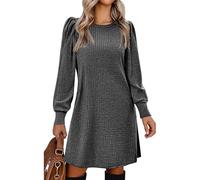 Zeagoo Robe Hiver Femme Robe en Maille Côtelée Col Rond Manches Bouffantes Non Transparente Coupe Ligne A Courte Confortable pour Quotidien Et Bureau Gris S