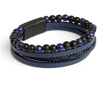 Zeayebsr Bracelet Homme Premium en Acier Inoxydable Bleu Noir Mix - Tressé Main, Oeil de Tigre, Perlé Titane avec Boucle Magnétique