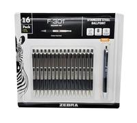 Zebra 16 stylos à bille F-301 en acier inoxydable (noir) + 1 stylo gel G-350