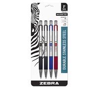 Zebra Stylo-bille rétractable F-301 acier inox 0,7 mm pointe fine 4 pièces (2 noir, 1 bleu, 1 rouge)