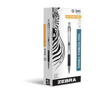 Zebra G-301 Lot de 12 stylos à encre gel rétractables en acier inoxydable, pointe moyenne, 0,7 mm, encre noire