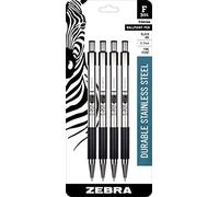 Zebra Pen F-301 Lot de 4 stylos à bille rétractables, corps en acier inoxydable, pointe fine, 0,7 mm, encre noire (l'emballage peut varier)