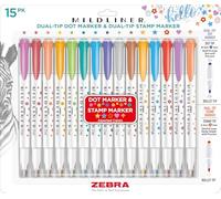 Zebra Pen Mildliner 73315 Lot de 15 marqueurs à double pointe, encre pigmentée à base d'eau, pointes ogives extra fines et formes assorties, couleurs assorties