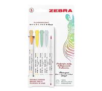 Zebra Pen Mildliner Double Ended Brush Pen, Brush and Super Fine Point Tips, Assorted Fluorescent Ink Colours, 5-Pack