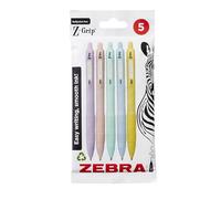 Zebra Pen Z-GRIP Lot de 5 stylos à bille lisses à encre noire - Corps pastel - Pointe moyenne de 1 mm - Stylos à encre rétractable avec clip - Stylos d'écriture lisses avec encre à faible viscosité,