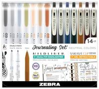 Zebra Sarasa Clip Vintage and Mildliner Neutral Set, 7 stylos à encre gel rétractables, 7 surligneurs à double pointe, pointe fine, 0,5 mm, couleurs vintage neutres assorties, 10114
