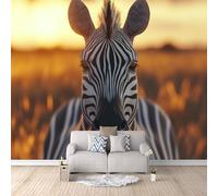 Zèbre Papier Peint 3D Panoramique Intissé Papier Peint 450 × 315 cm Animaux Du Coucher De Soleil Dans La Prairie, Zèbre Photo Mural Moderne Poster XXL, Pour Salon Chambre Tv Fond Murale Décoration