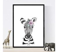 Zèbre pour enfants de lame pour enfants avec fleur sur la tête affiche des animaux pour enfants taille A4 encadré avec cadre noir