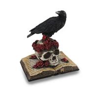 Zeckos Raven mystique sur une statue de resine peinte a la main a la main rose - perchee sur le livre de poesie The Raven - une fusion artistiq