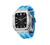 ZEDEVB Kit d'accessoires militaires en métal pour Apple Watch Series 9 8 7 SE 6 5 4 avec sangle en silicone antichoc 45 mm 44 mm (argenté/bleu ciel, 45 mm)